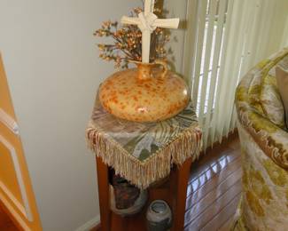 Nice wood small side table with great collection of vintage art pieces