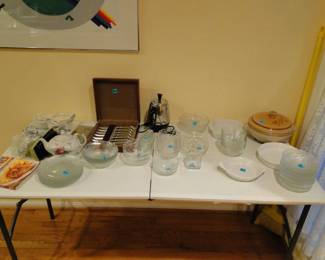 Lots of fun glassware, and serving pieces, and a very nice steak knife set too