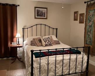 This FABULOUS metal Queen Sized bed with mattress.  And the lovely side table.  This lamp matches the one in the living room.