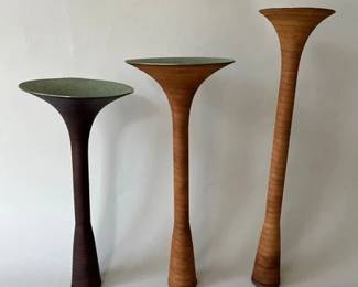 Set Of Three Midcentury Leather Wrapped Metal Candlesticks By Giorgio Pizzitutti, C. 1980s