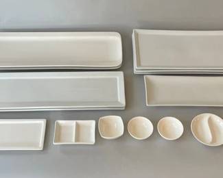 14 White Rectangular Dishes Including Dipping Cups