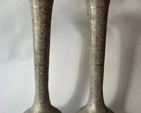 Pair Of Indian Etched Pewter Or Mixed Metal Tall Trumpet Vases