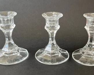 Three Glass Candlesticks With A Modern Lusterware Votive