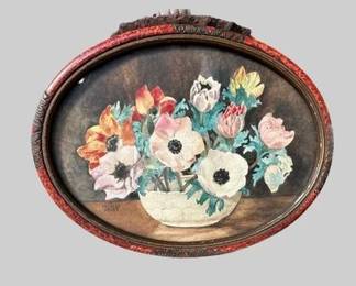 Frances Drake, Small Oval Still Life Of Flowers, Watercolor On Paper