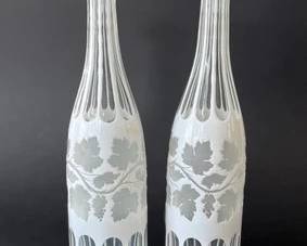 Pair Of Antique Bohemian White Opaque White Cut To Clear Art Glass Decanters, C. 19th Century
