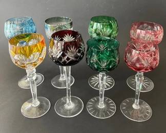 Group Of Eight Multicolored Vintage Bohemian Cut To Clear Crystal Wine Goblets