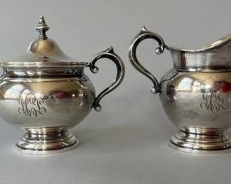 Gorham Puritan Pattern Sterling Silver Monogramed Covered Sugar Bowl And Creamer