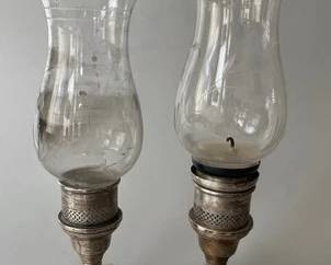 Pair Of Vintage Sterling Silver Hurricanes With Etched Glass