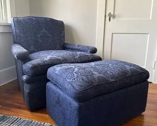 Blue Damask Upholstered Armchair And Ottoman