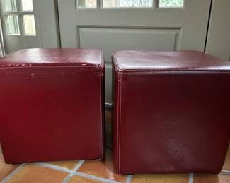 Pair Of Square Red Leather Ottomans