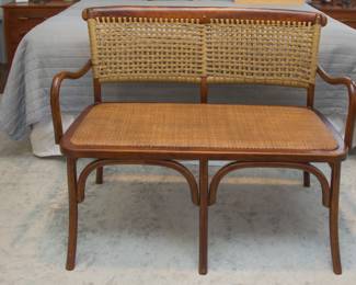 Wood, rattan and macramé style weave bench (35"h to back, 18"h to seat x 43"w x 19.5"d):  $120.00