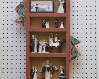 Vtg. Wedding Cake Toppers on  handcrafted wood shelf:  $98.00