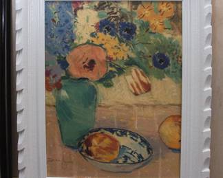 Signed Still Life in white frame (16.5" x 20"w):  $28.00