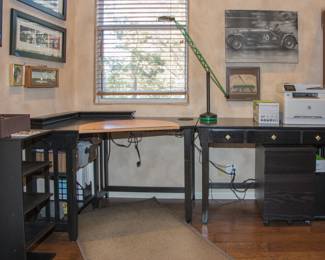 Corner desk with extension (2 pc) unit.  Desk has 2 shelves and kick space (31"h x 50"w x 34.5"d)  Extension:  1 drawer and computer slide out (31"h x 47" w x 32"d)  [95" w ALL]:  $300.00