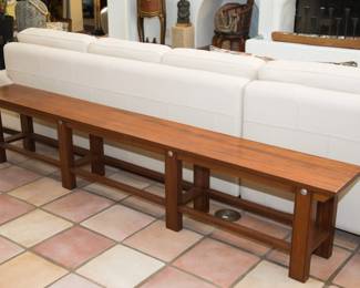 Mahogany 'Santa Fe' Bench. Adornments are authentic hammered Mexican silver pesos (18"h x 8'w x 12"d)  Comfortably sits 5- 6 people:  $680.00