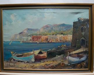 'Water Front in Italy' Oil on canvas by ~ V. Muscariello:  $180.00