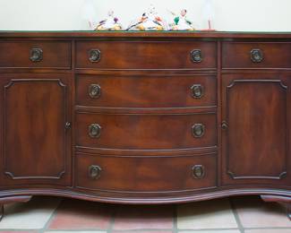Vtg. Henkel Harris Mahogany Buffet in mint condition!  Two cupboards (with 1 shelf ea.) and 6 drawers w/original brass pulls.  Custom glass protective top (36.5"h x 62"w x 22"d): $680.00  