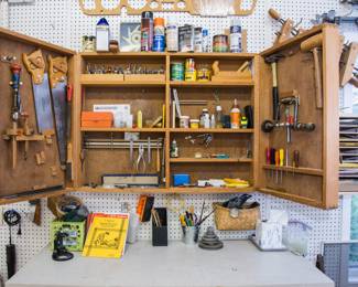 Wood 2 door hand crafted tool cabinet w/dovetail corners includes magnetic tool holding strips (tools, etc. sold separately):  $160.00