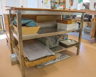 Hand engineered work bench!  IKEA metal base, shelves with MCM wood desk top!  $128.00
