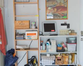 From left. to rt.:  Pine wood shelf, 5 shelves (7'h x 22"w x 9"d):  $58.00.  HON metal shelf, 3 shelves (41"h x 35"w x 13"d):  $180.00