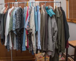 Men's suits:  size 44, pant size 34-36, shirts: lg.  Men's shoe sizes: 10.5, 11.5