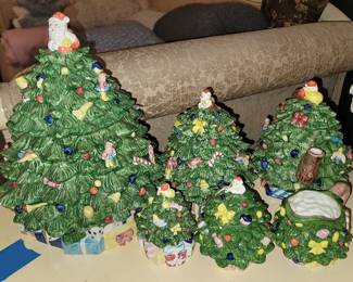 Christmas tree canisters and cream and sugar