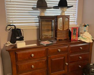 Dresser in beautiful condition. Cowboy hats including a 5X beaver hat. 