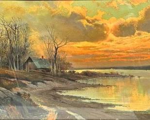 River Landscape At Sunset, Watercolor On Paper
