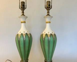 Pair Of Art Nouveau Style Ceramic And Brass Table Lamps
