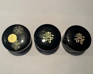 Japanese Boxes Of Black Lacquerware Plates Trimmed In Gold
