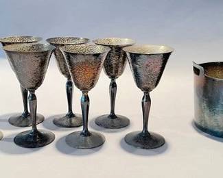 W.M. Mounts Silver Plate Hammered Wine Goblets With Meriden SP Company Hammered Ice Bucket
