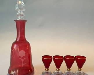 Red Glass Decanter And Cordial Glasses
