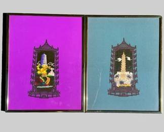 Chinese Paper Cuttings Mounted On Purple And Blue
