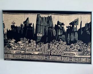 Chinese Batik Print On Fabric Depicting Gardens With Mountain Landscape

