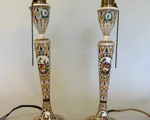 Pair Of Vintage Porcelain Candlestick Lamps With Peacock Decoration, Dresden, Germany
