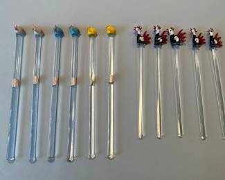 Glass Swizel Sticks With Rooster And Chick Finials
