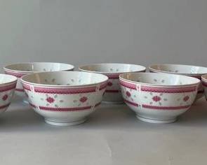 8 Chinese Porcelain Rice Bowls With Pink Floral Decoration
