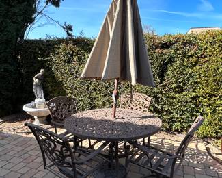 Metal patio table, chairs & umbrella 