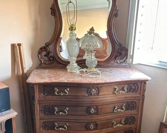 Antique carved wood dresser with marble top
