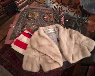 Tibetan beaded tapestry, fur stole, vintage American flag 