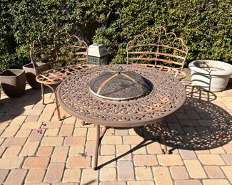 Vintage wrought iron benches & patio fire pit table 