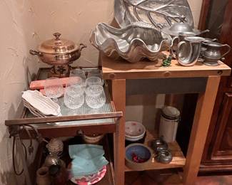 Vintage pewter, butcher block island, Salton heated tray cart 