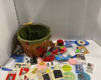 Sewing basket and contents (needles, pins, buttons and more)
