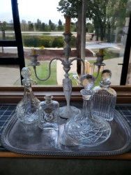 A beautiful selection of Crystal decanters (2 ATLANTIS), Silverplated candellabra on tray