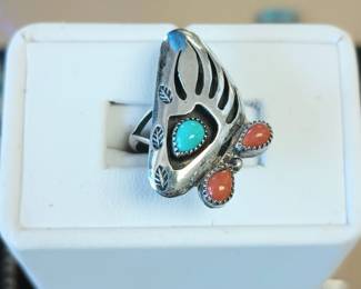 Native American turquoise and coral ring