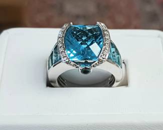 Blue topaz, diamond and aquamarine ring by high end maker Bellari sz 7