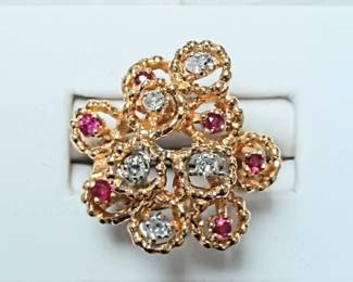 Modern Ruby and diamond ring in 14k yellow gold sz 6.5