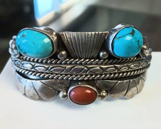 Native American Cuff with turquoise and coral. Small to med wrist