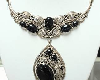 Large Native American Sterling and Black Onyx Necklace 