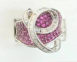 Pink Sapphire and baguette ring in white gold setting